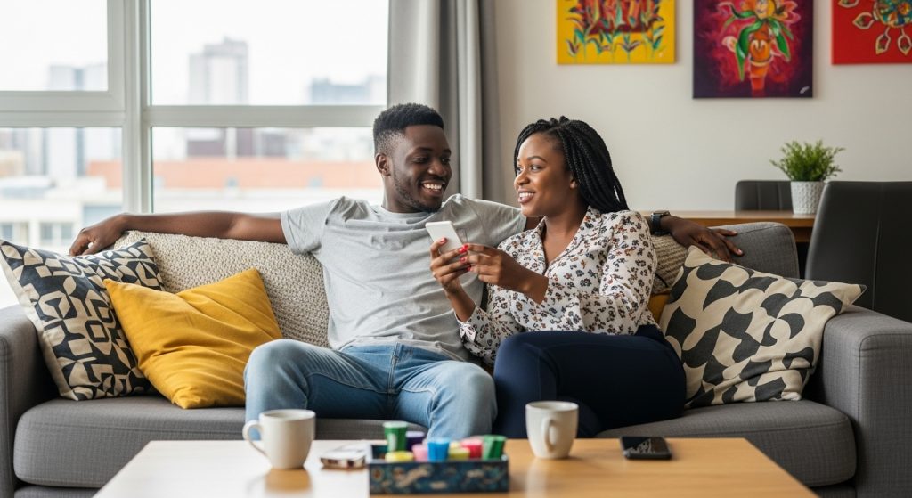 A Nigerian couple in their living exploring questions to ask your lover.