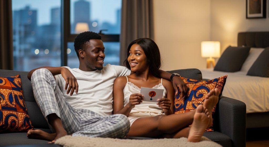 A Nigerian couple in their bedroom exploring questions to ask your lover.