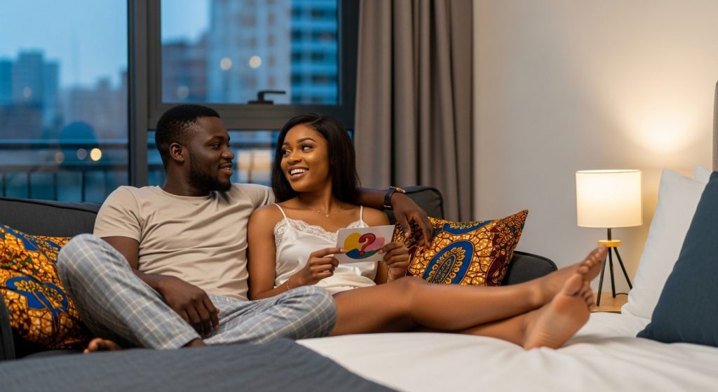 A Nigerian couple enjoying a quiet evening together while exploring questions to ask your lover.