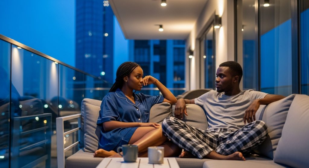 A young Nigerian couple on their balcony exploring questions to ask your lover.
