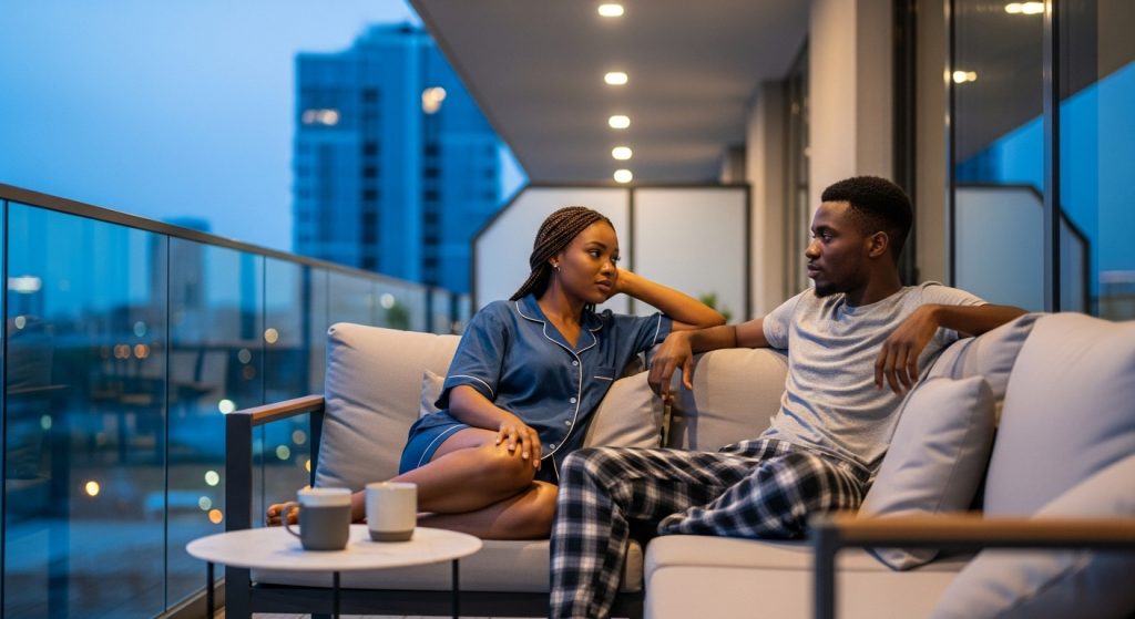 A Nigerian couple enjoying a moment together on their balcony while exploring questions to ask your lover.