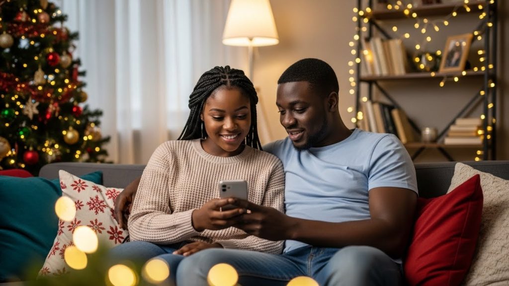 A brother and sister reading happy new year wishes on their phone.