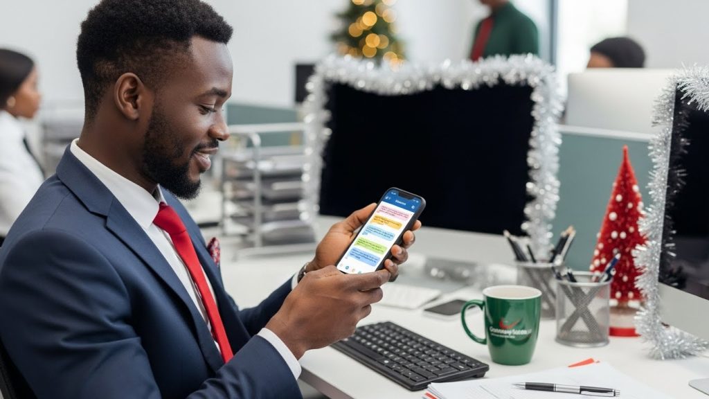 A young man sending happy new year wishes on his phone while at the office.