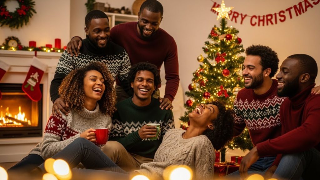 Friends sharing funny season's greetings