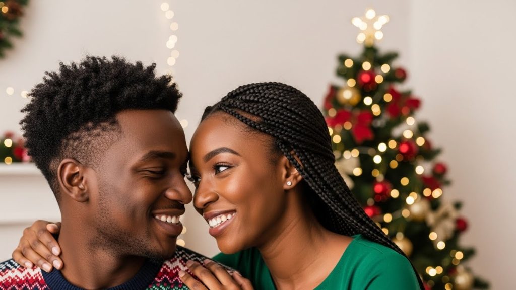 Couple exchanging romantic season's greetings