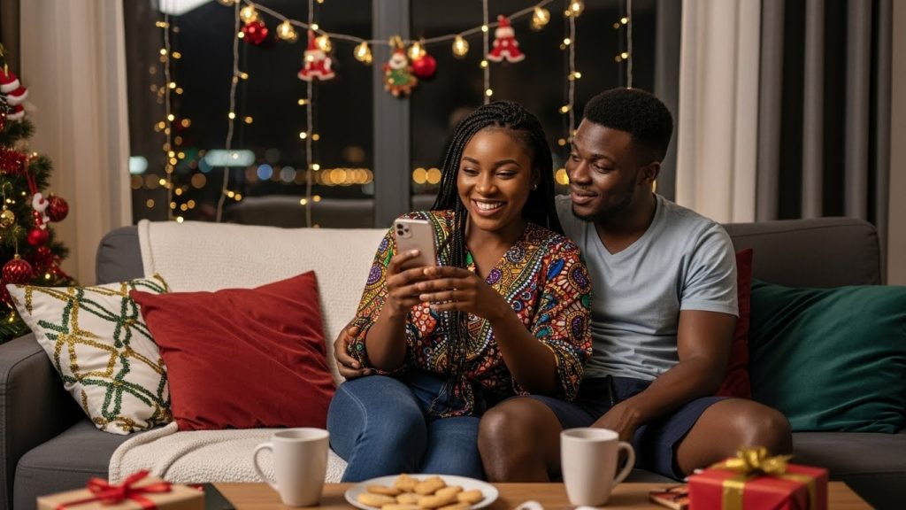 A young man and woman reading happy new year wishes on their phone.