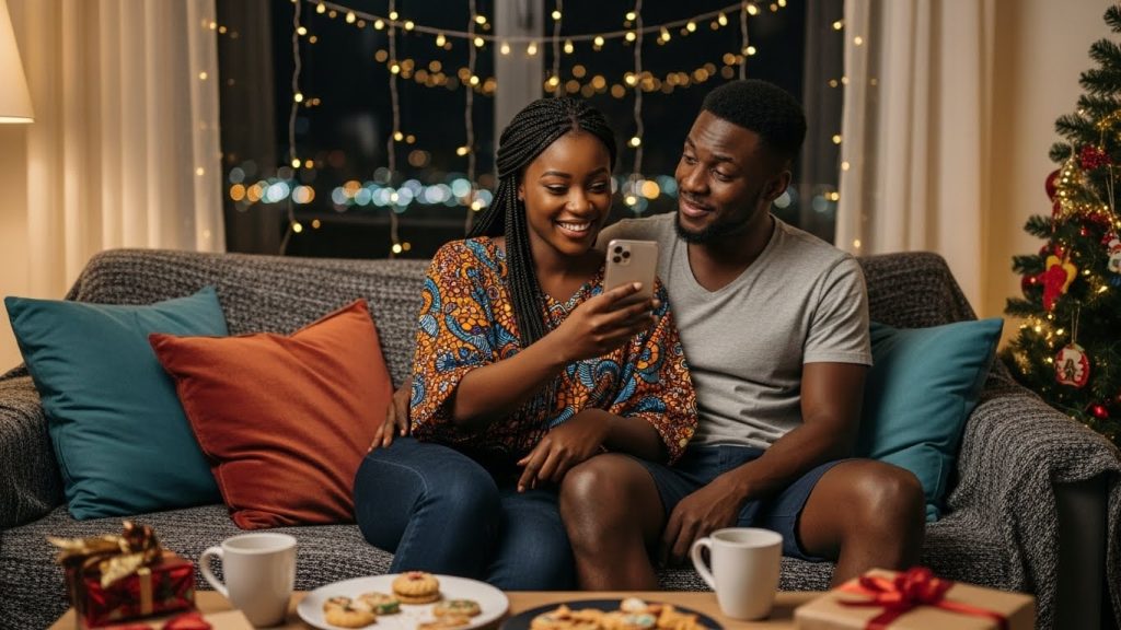 A Nigerian couple reading happy new year wishes on their phone.