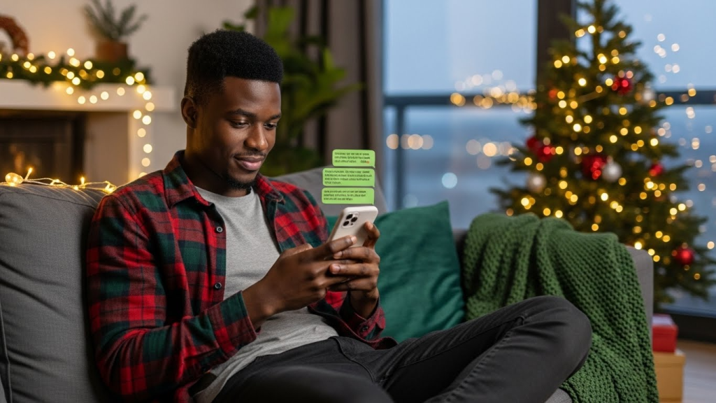 A young man sending happy new year wishes on his phone.