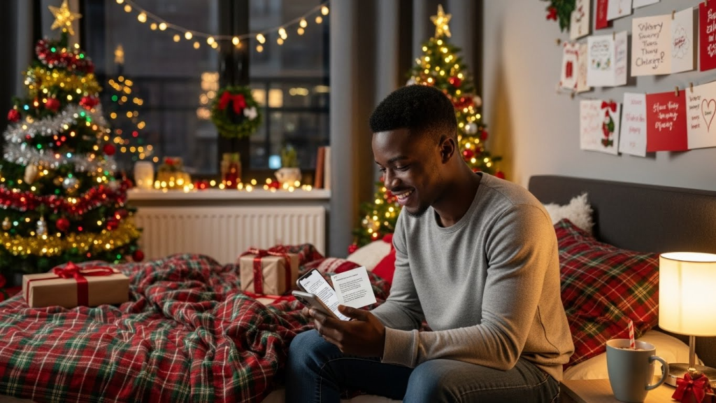 A young man sending happy new year wishes on his phone.