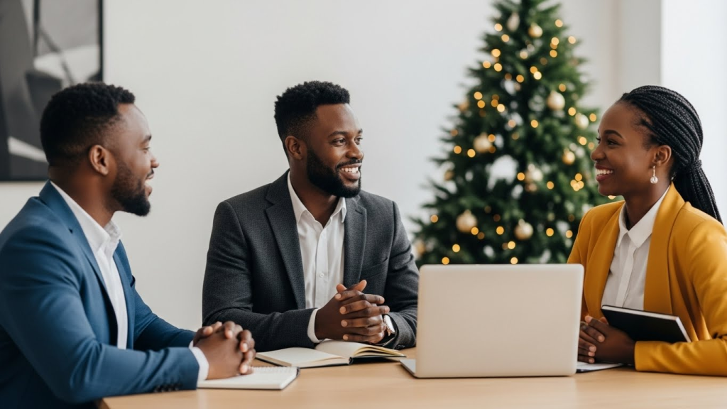 Colleagues sharing professional Merry Christmas wishes