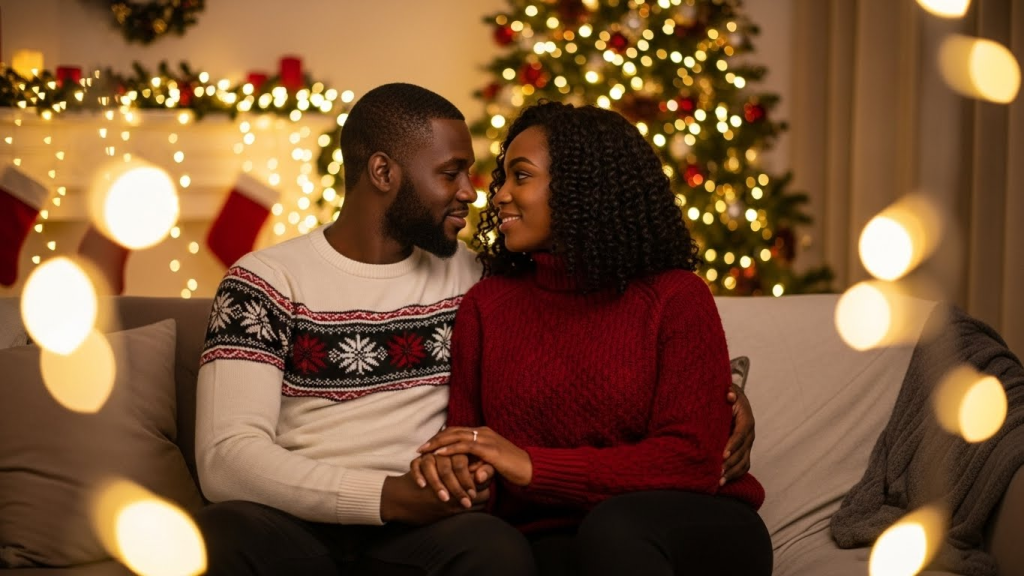 Couple sharing romantic Merry Christmas wishes