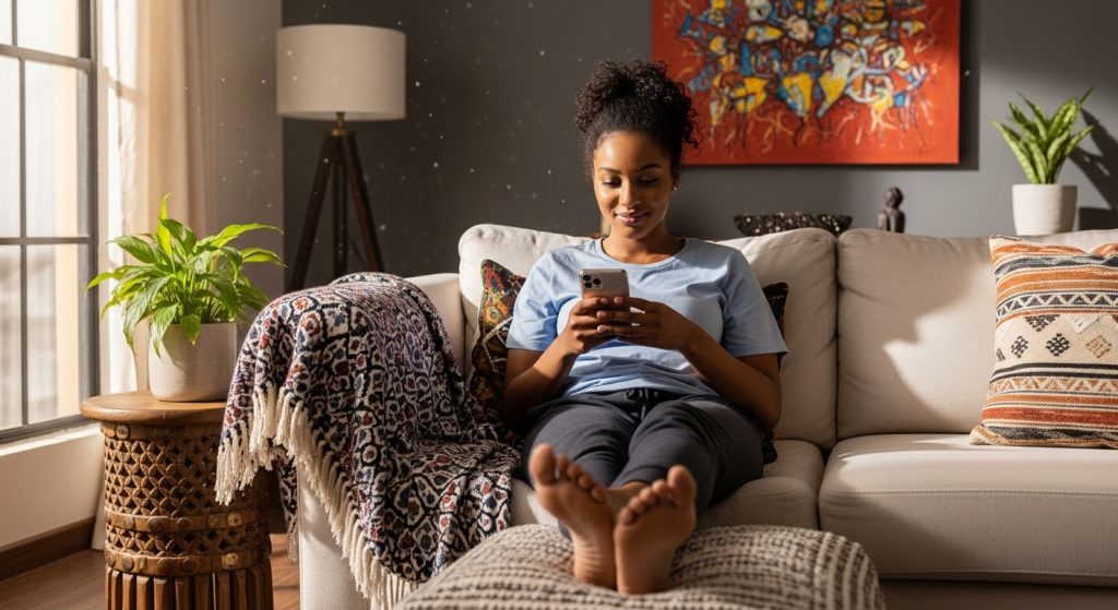 A Nigerian lady reading happy new month message to my love on her phone