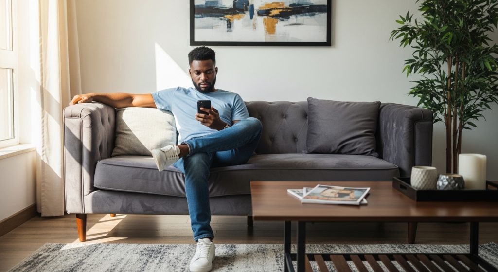 A Nigerian man sending happy new month message to my love on his phone