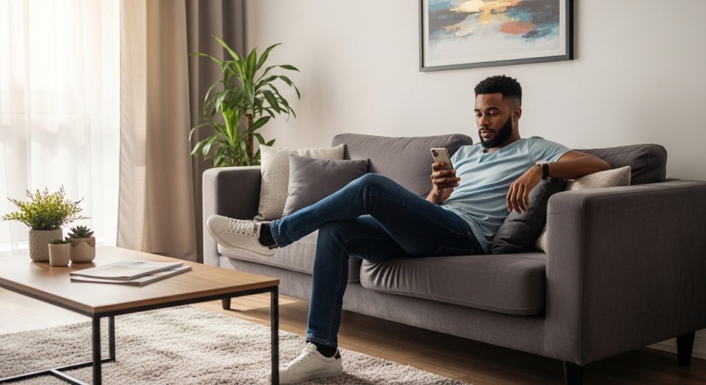 A casually dressed Nigerian guy sending happy new month message to my love on his phone