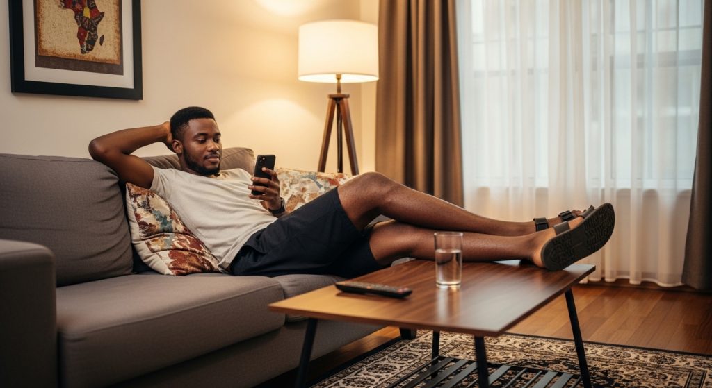 A young Nigerian guy sending happy new month message to my love on his phone