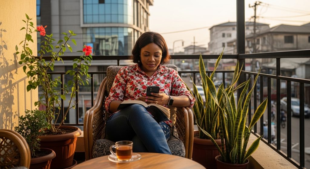 A middle aged Nigerian guy reading happy new month message to my love on her phone