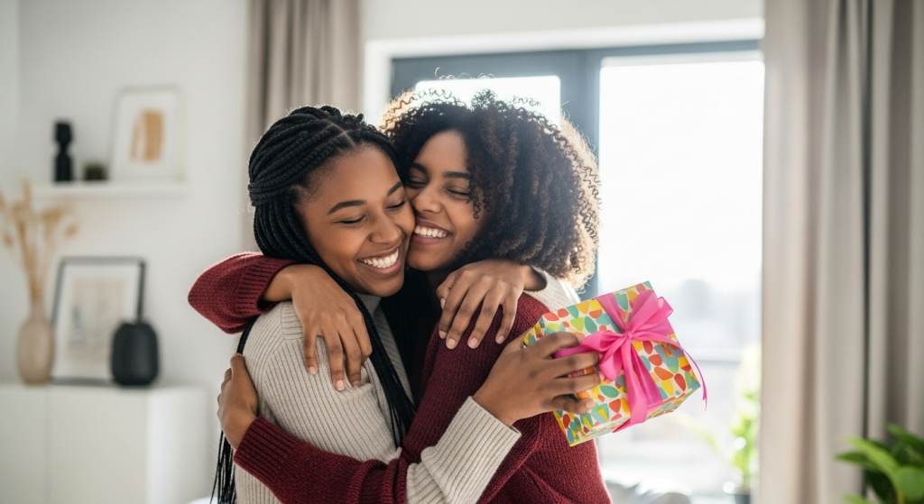 Woman saying birthday prayer to sister