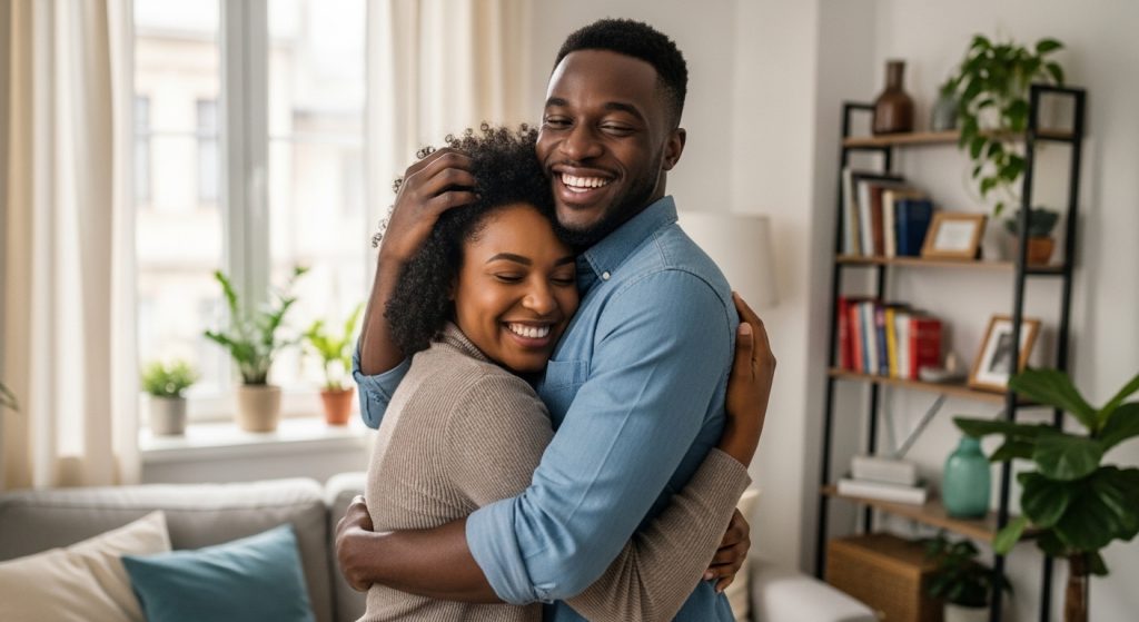 Couple hugging after sharing love and trust message for her