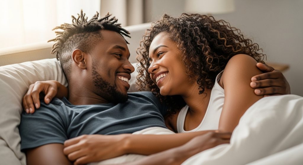 Couple in bed right after reading love and trust message for her