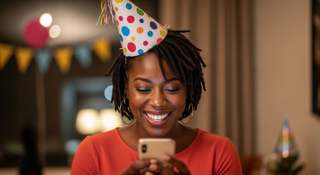 Woman receiving "happy birthday to my love"