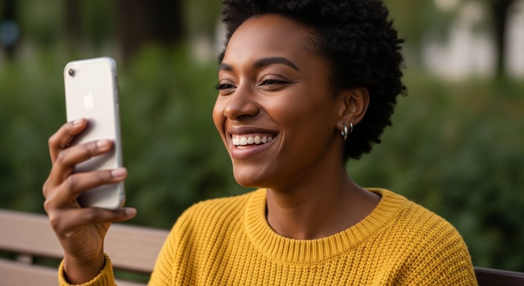 Woman receiving romantic "happy birthday to my love" message
