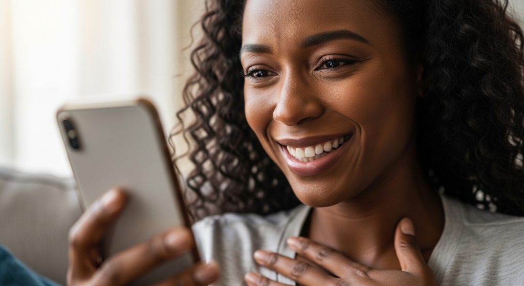 Woman receiving heartfelt "happy birthday to my love" message