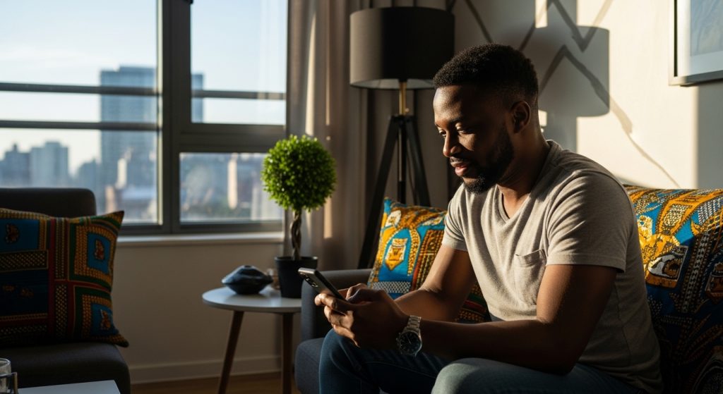 A young Nigerian man reading the 10 second text that will make him smile for hours