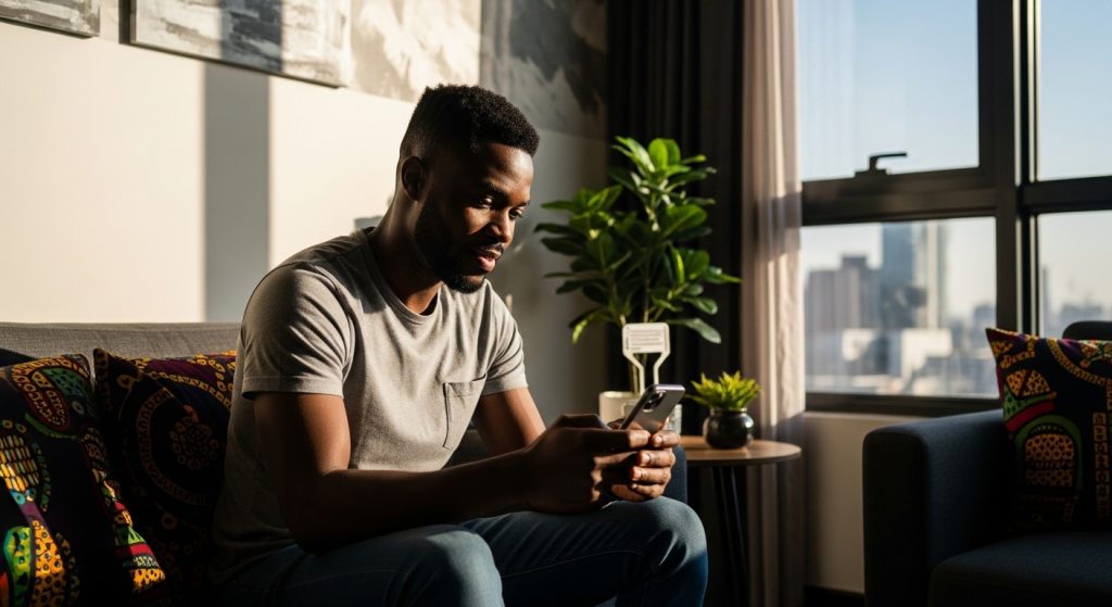 A Nigerian man smiling after getting the 10 second text that will make him smile for hours