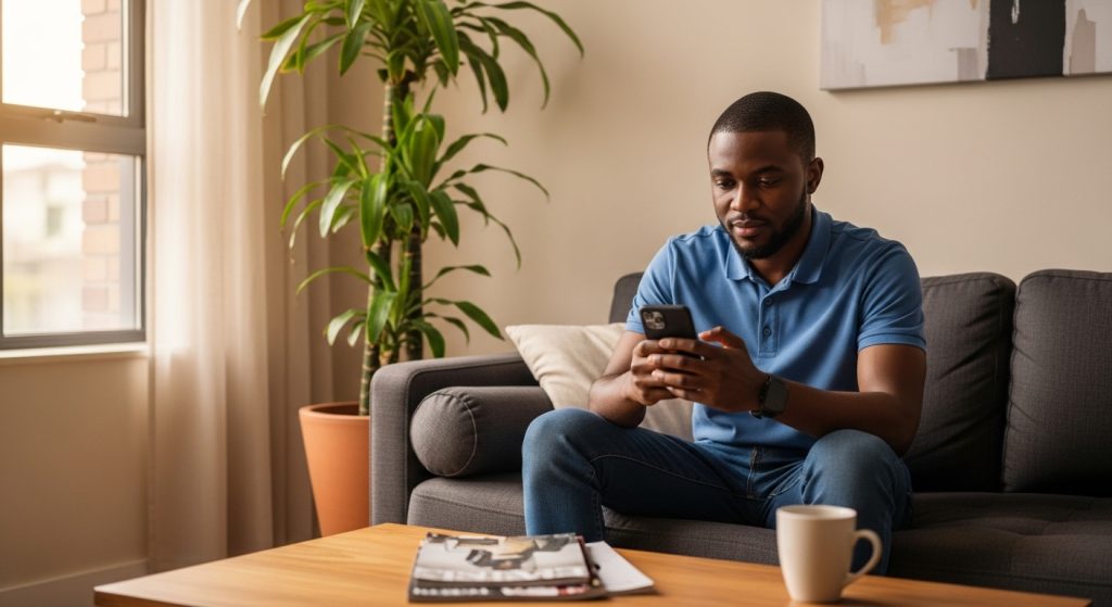 A young Nigerian man in his living room reading the 10 second text that will make him smile for hours