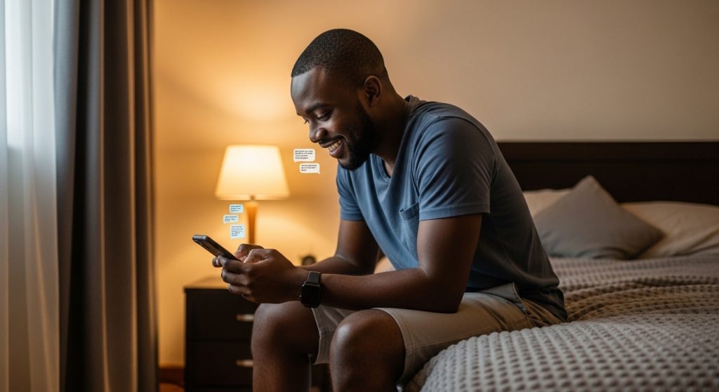 A middle aged Nigerian man after getting the 10 second text that will make him smile for hours