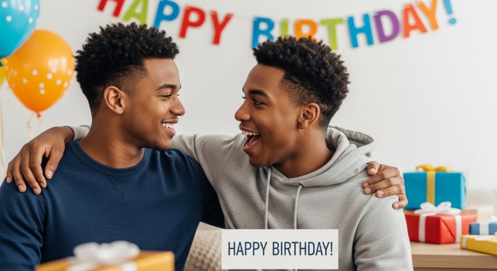Twins sending birthday wishes to a brother