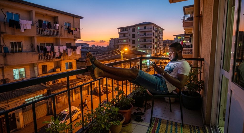 A young Nigerian guy outside on his balcony composing Good Night Message to My Love