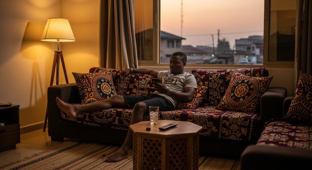 A young Nigerian guy in his living room reading Good Night Message to My Love