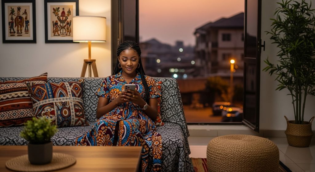 A young Nigerian woman reading Good Night Message to My Love