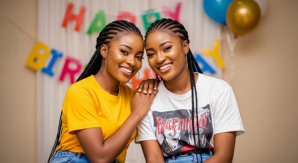 Woman saying birthday wishes to her twin sister.