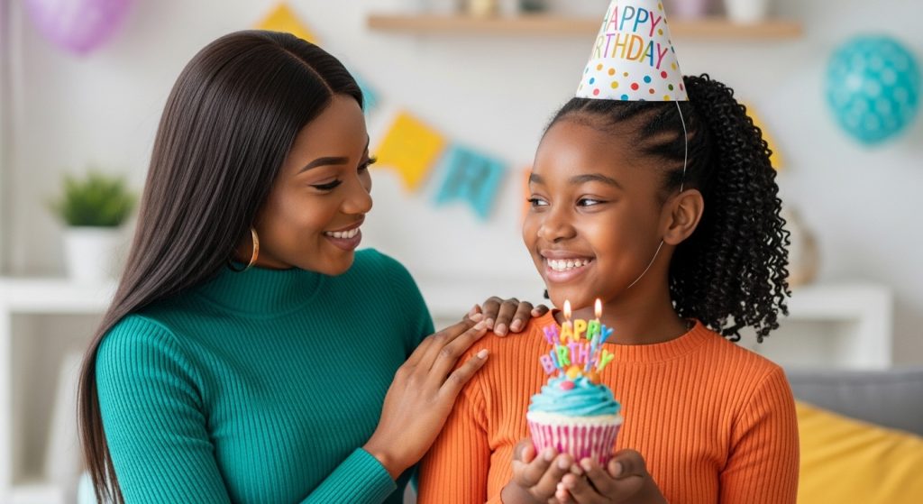 Woman saying birthday wishes to her younger sister.