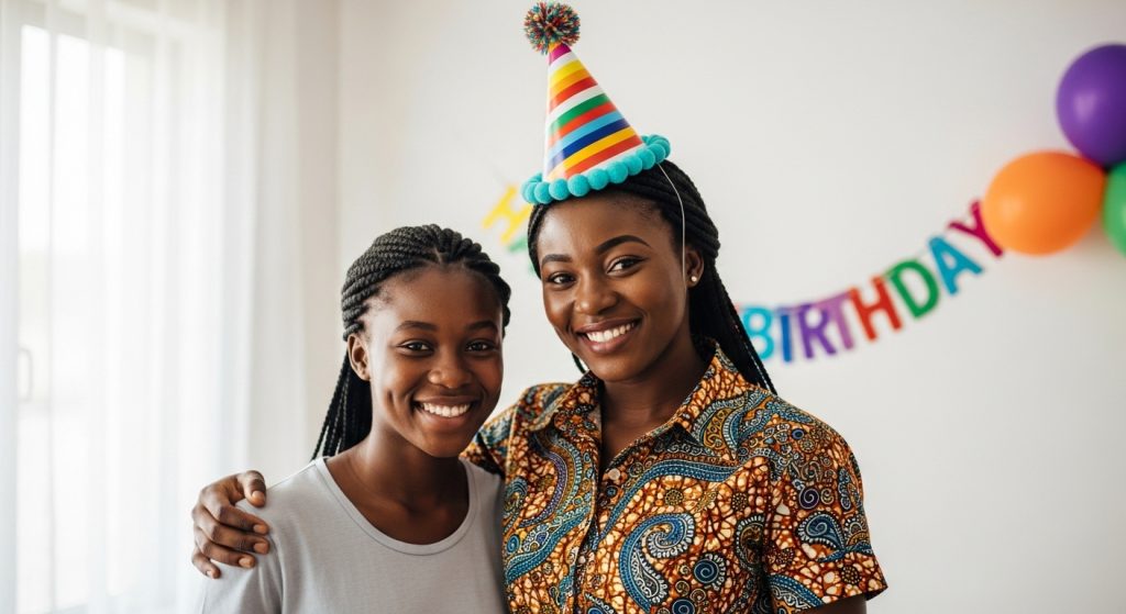 Woman saying birthday wishes to her older sister.