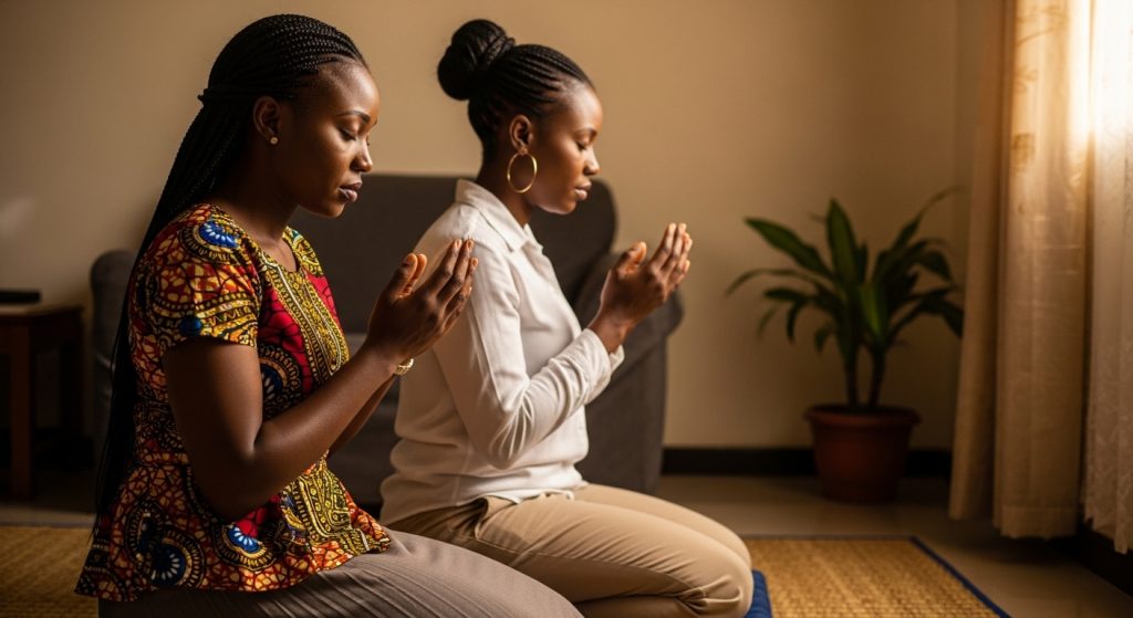 Woman saying birthday prayers to a sister.
