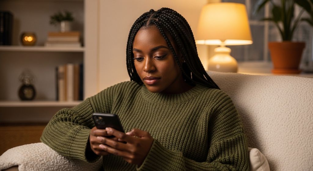 A black woman sitting comfortably in her living room and writing a long birthday prayer to a friend on her phone.