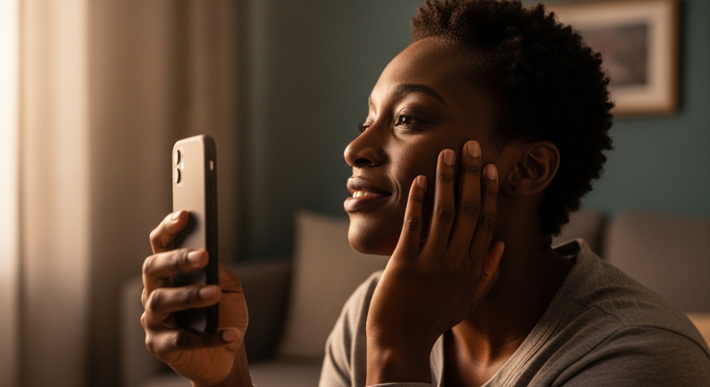 A black person holding their phone with a soft emotional smile, while reading a heart-touching birthday prayer from a friend.