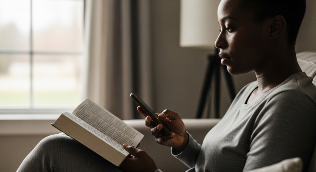 A woman typing a short birthday prayer to a friend.