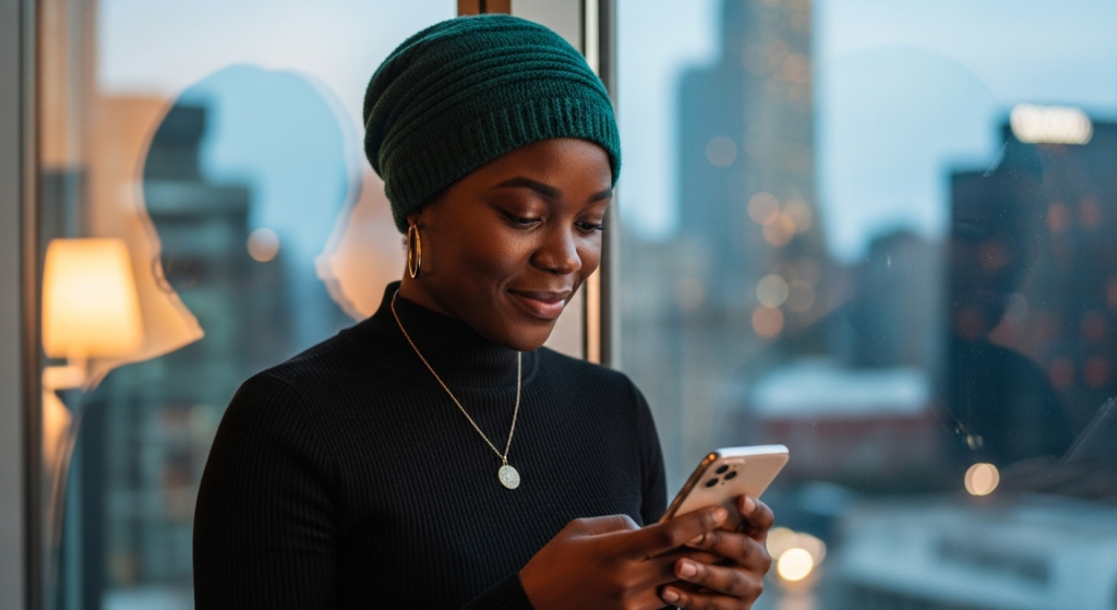 A black woman looking at her phone while standing near a window with a distant view, typing a birthday prayer to a friend far away
