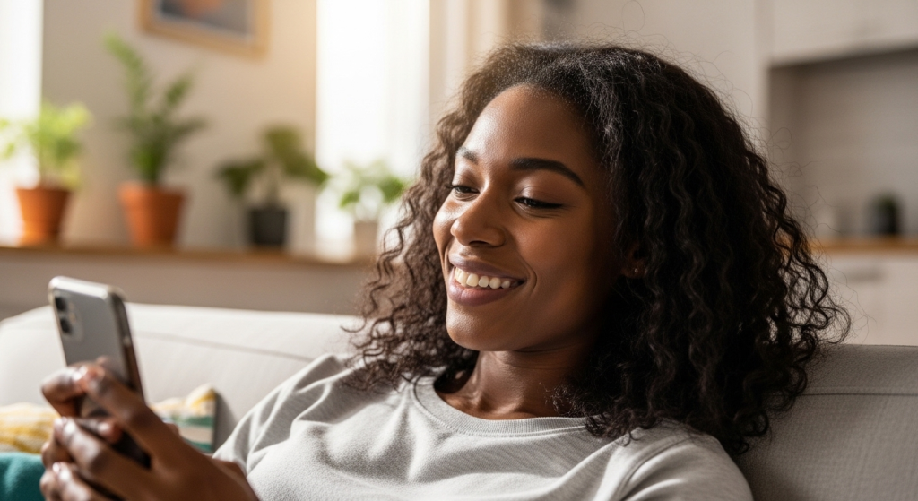 Woman smiling at her phone while reading a short appreciation message for birthday wishes.