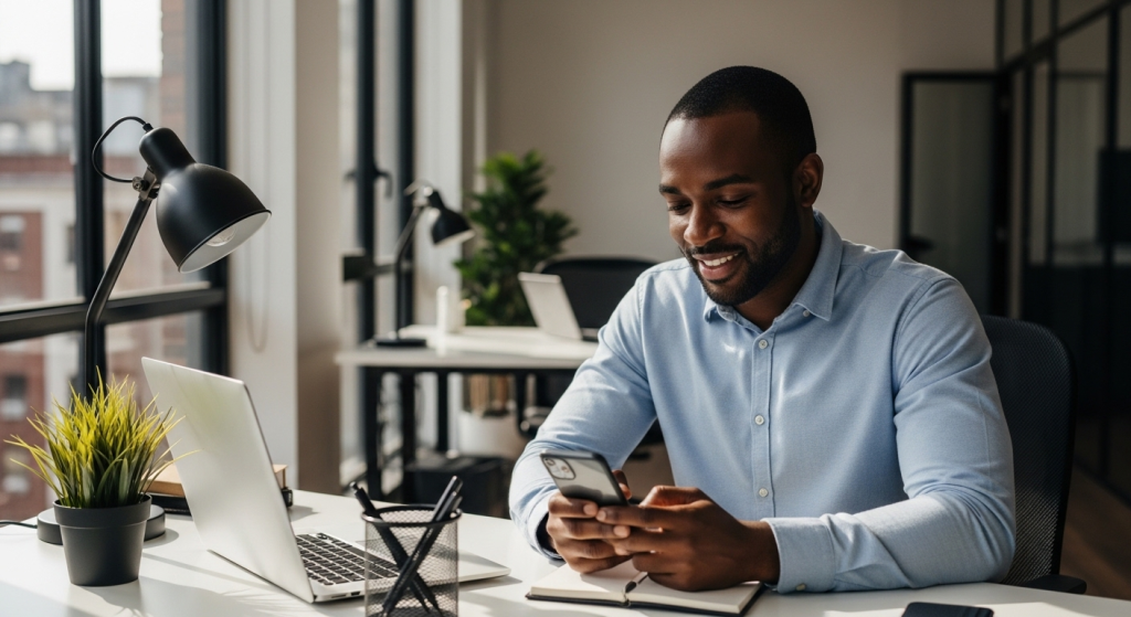 Black professional in an office smiling at an appreciation message for birthday wishes from a colleague.