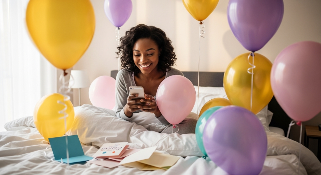 Woman sending an appreciation message for birthday wishes