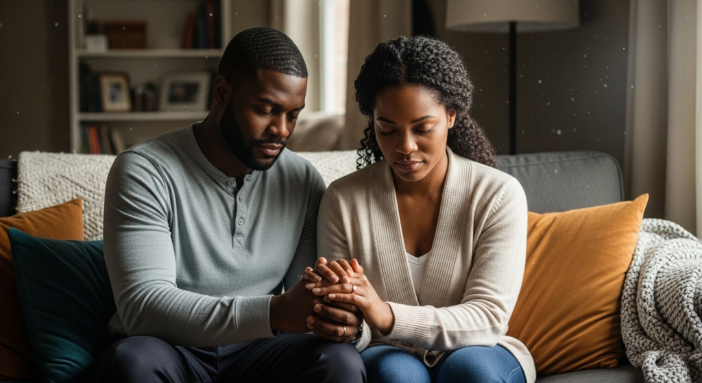 Black married couple sitting together on a sofa holding hands in prayer at home while saying a prayer for my husband