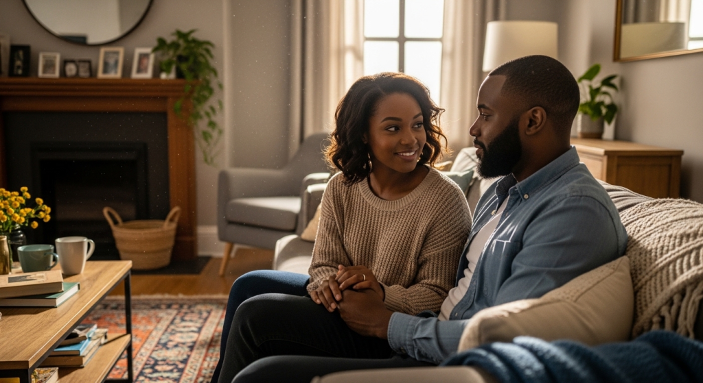 Black wife sitting beside her husband at home and holding his hand while saying a simple and short prayer for my husband