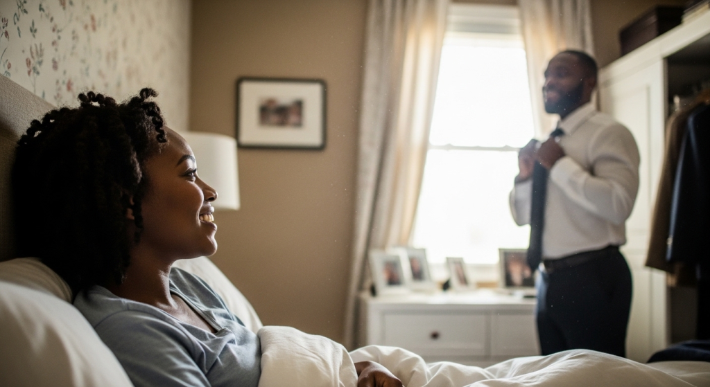 Black woman smiling at her husband as he gets ready in the morning.
