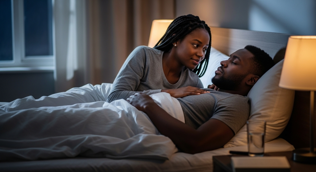 Black couple in bed at night with soft lamp light while saying a good night prayer for my husband.