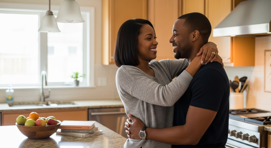Black married couple embracing in their kitchen while saying a love and relationship prayer for my husband.